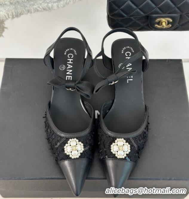 Top Grade Chanel Mesh Heel Sandals 3.5cm with Pearl Clover and Bow Black 224044