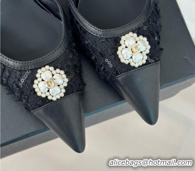 Top Grade Chanel Mesh Heel Sandals 3.5cm with Pearl Clover and Bow Black 224044