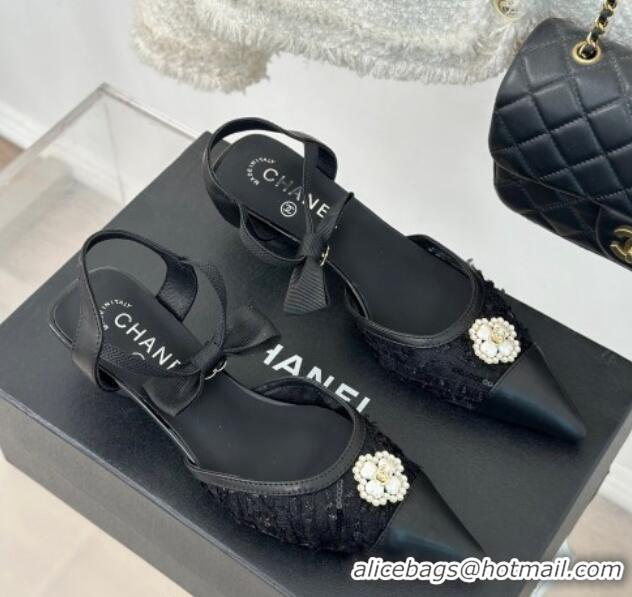 Top Grade Chanel Mesh Heel Sandals 3.5cm with Pearl Clover and Bow Black 224044