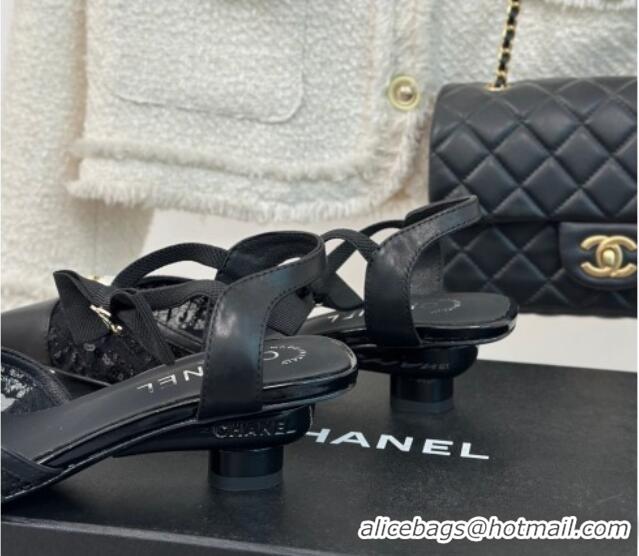 Top Grade Chanel Mesh Heel Sandals 3.5cm with Pearl Clover and Bow Black 224044