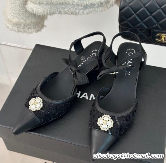 Top Grade Chanel Mesh Heel Sandals 3.5cm with Pearl Clover and Bow Black 224044