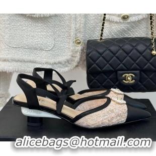 Low Cost Chanel Mesh Heel Sandals 3.5cm with Pearl Clover and Bow Beige 0224045