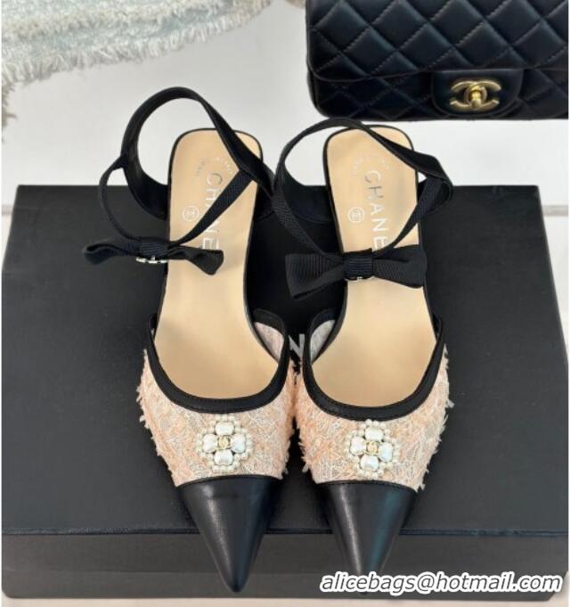 Low Cost Chanel Mesh Heel Sandals 3.5cm with Pearl Clover and Bow Beige 0224045