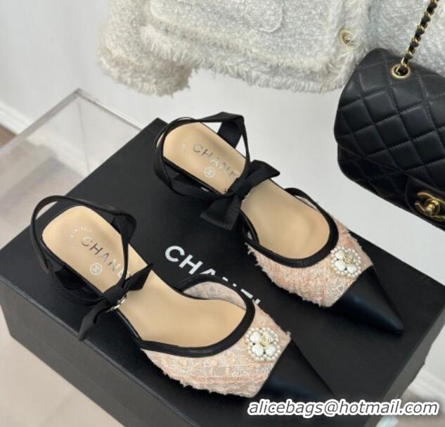 Low Cost Chanel Mesh Heel Sandals 3.5cm with Pearl Clover and Bow Beige 0224045