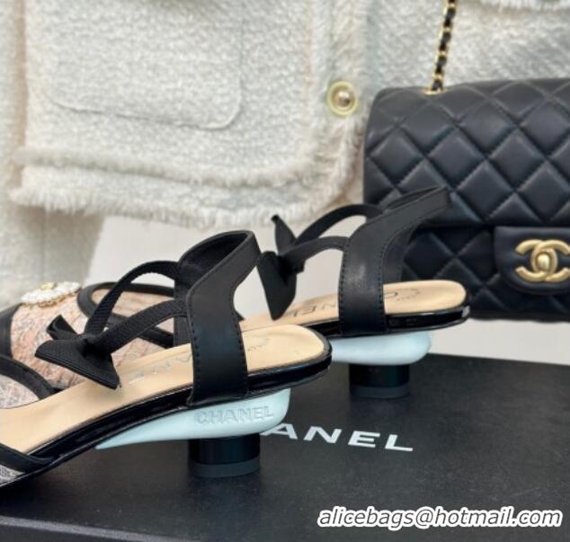 Low Cost Chanel Mesh Heel Sandals 3.5cm with Pearl Clover and Bow Beige 0224045