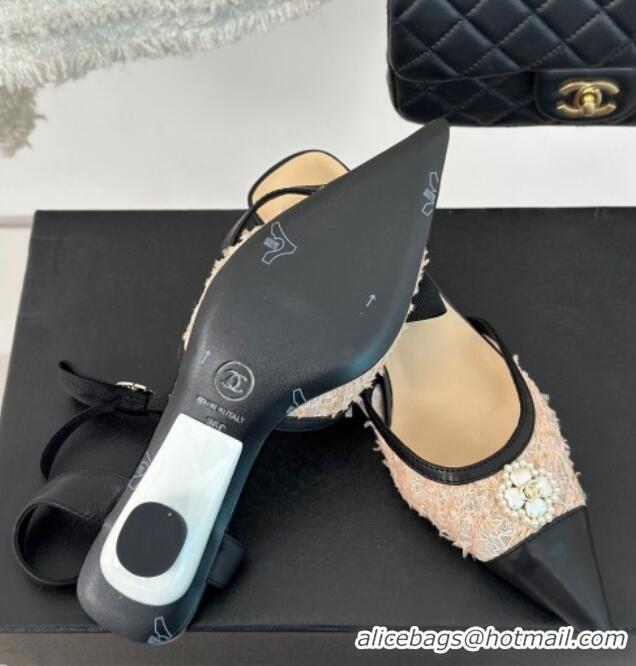 Low Cost Chanel Mesh Heel Sandals 3.5cm with Pearl Clover and Bow Beige 0224045