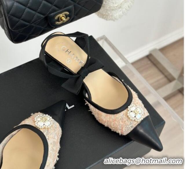 Low Cost Chanel Mesh Heel Sandals 3.5cm with Pearl Clover and Bow Beige 0224045