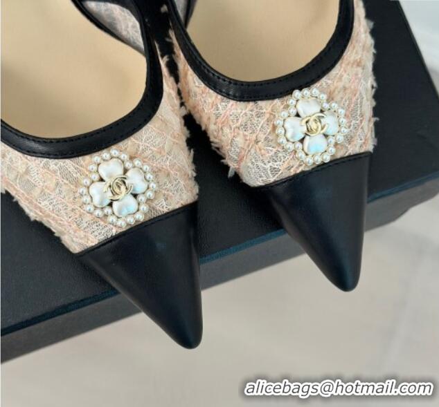 Low Cost Chanel Mesh Heel Sandals 3.5cm with Pearl Clover and Bow Beige 0224045