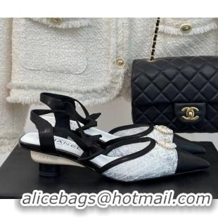 Best Price Chanel Mesh Heel Sandals 3.5cm with Pearl Clover and Bow White 0224046