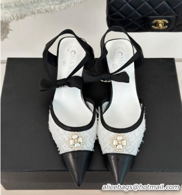 Best Price Chanel Mesh Heel Sandals 3.5cm with Pearl Clover and Bow White 0224046