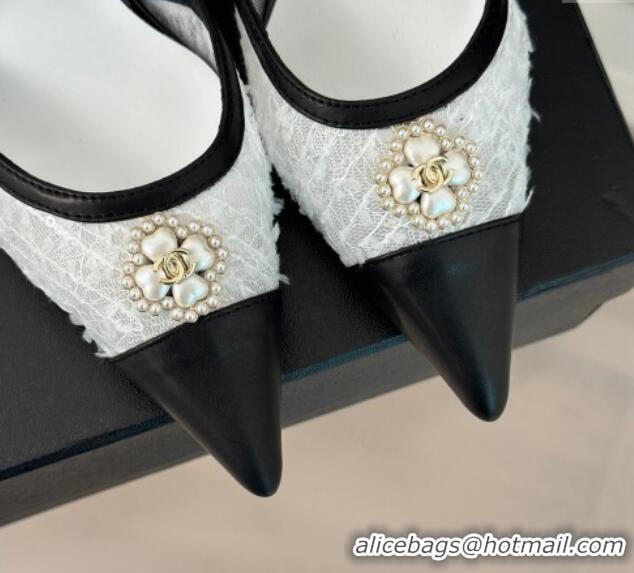 Best Price Chanel Mesh Heel Sandals 3.5cm with Pearl Clover and Bow White 0224046