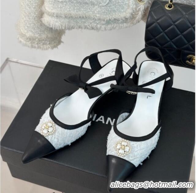 Best Price Chanel Mesh Heel Sandals 3.5cm with Pearl Clover and Bow White 0224046