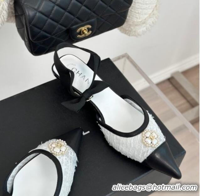 Best Price Chanel Mesh Heel Sandals 3.5cm with Pearl Clover and Bow White 0224046