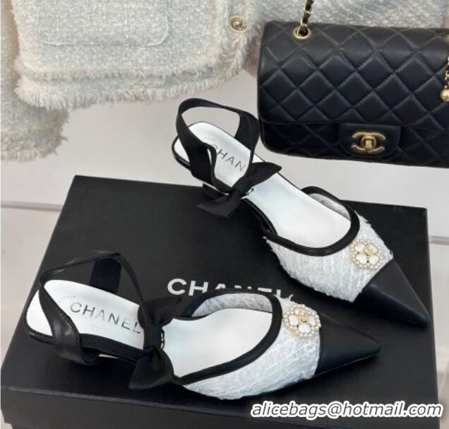 Best Price Chanel Mesh Heel Sandals 3.5cm with Pearl Clover and Bow White 0224046