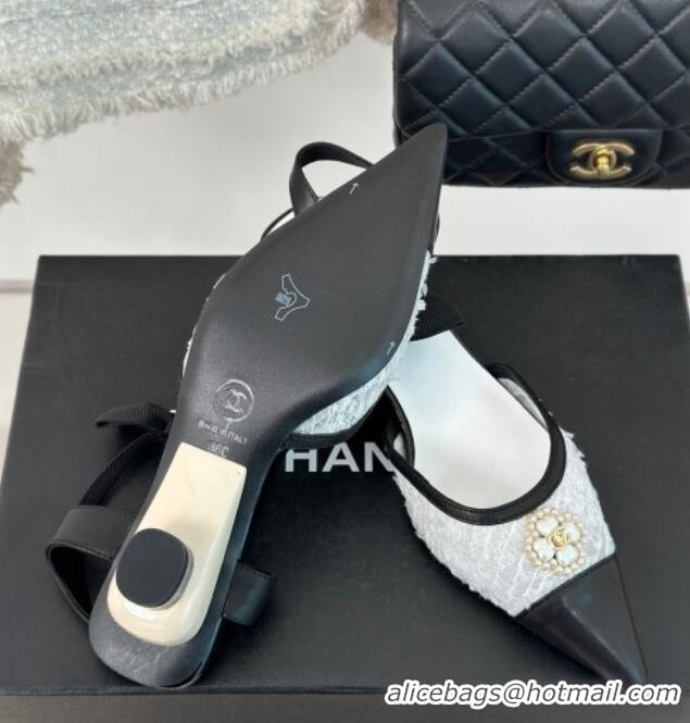 Best Price Chanel Mesh Heel Sandals 3.5cm with Pearl Clover and Bow White 0224046