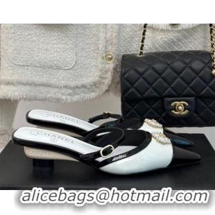 Reasonable Price Chanel Calfskin Heel Slide Sandals 3.5cm with Pearl Clover White 0224047