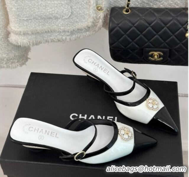 Reasonable Price Chanel Calfskin Heel Slide Sandals 3.5cm with Pearl Clover White 0224047