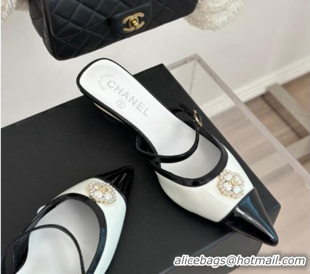 Reasonable Price Chanel Calfskin Heel Slide Sandals 3.5cm with Pearl Clover White 0224047