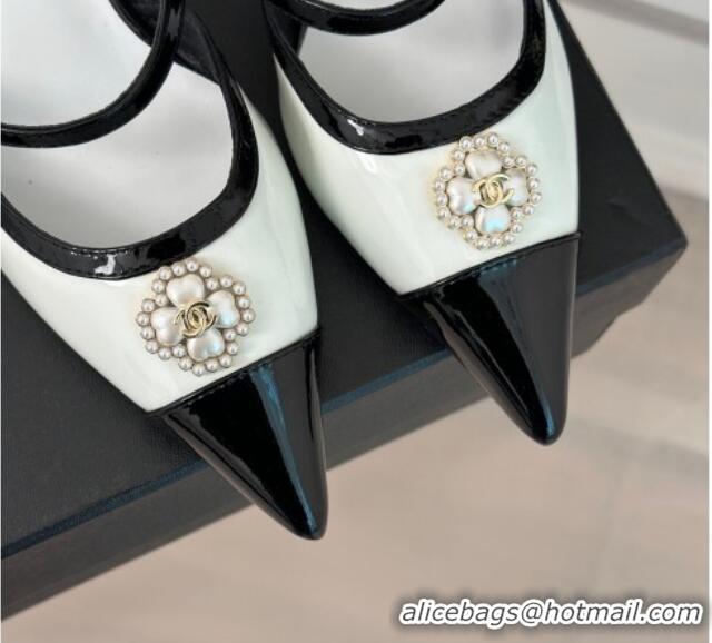 Reasonable Price Chanel Calfskin Heel Slide Sandals 3.5cm with Pearl Clover White 0224047