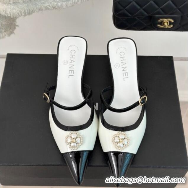 Reasonable Price Chanel Calfskin Heel Slide Sandals 3.5cm with Pearl Clover White 0224047