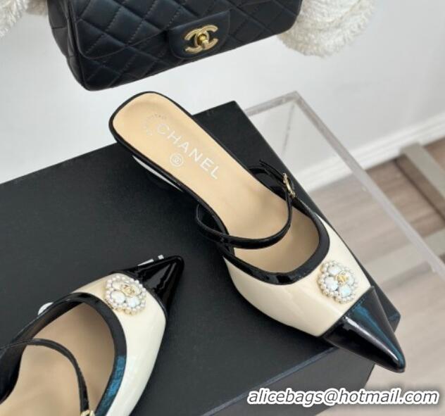 Good Looking Chanel Calfskin Heel Slide Sandals 3.5cm with Pearl Clover Beige 0224048