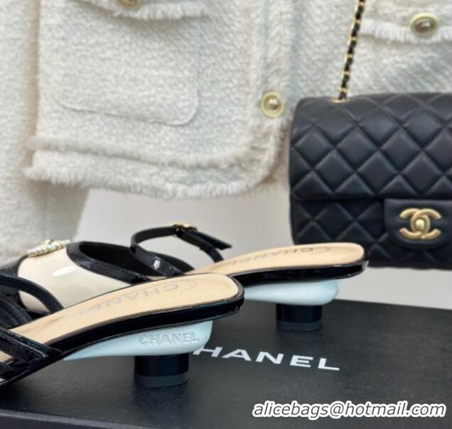 Good Looking Chanel Calfskin Heel Slide Sandals 3.5cm with Pearl Clover Beige 0224048