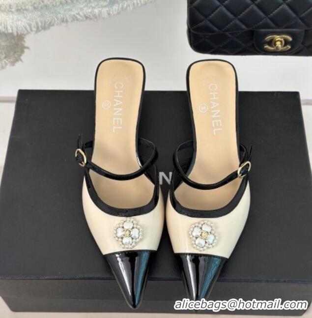 Good Looking Chanel Calfskin Heel Slide Sandals 3.5cm with Pearl Clover Beige 0224048