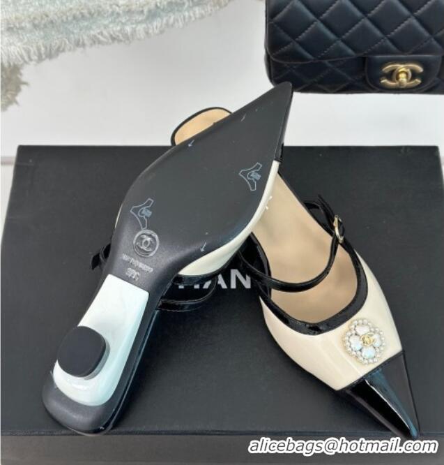 Good Looking Chanel Calfskin Heel Slide Sandals 3.5cm with Pearl Clover Beige 0224048