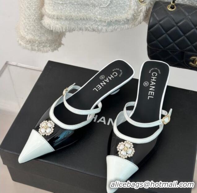 Unique Style Chanel Calfskin Heel Slide Sandals 3.5cm with Pearl Clover Black 0224049