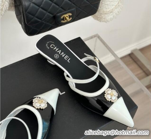 Unique Style Chanel Calfskin Heel Slide Sandals 3.5cm with Pearl Clover Black 0224049