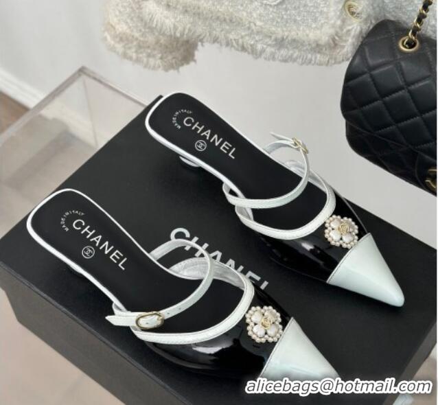 Unique Style Chanel Calfskin Heel Slide Sandals 3.5cm with Pearl Clover Black 0224049