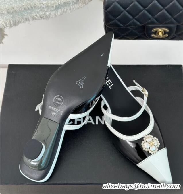 Unique Style Chanel Calfskin Heel Slide Sandals 3.5cm with Pearl Clover Black 0224049