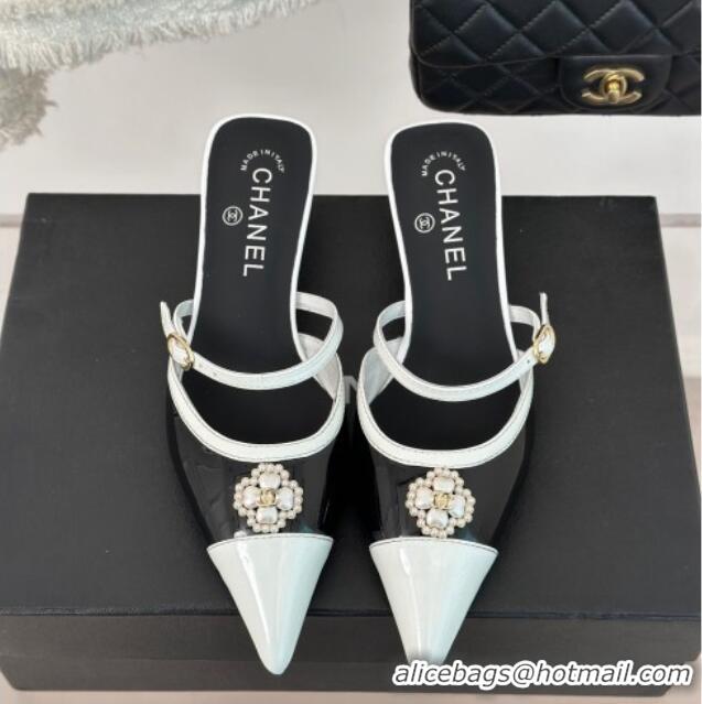 Unique Style Chanel Calfskin Heel Slide Sandals 3.5cm with Pearl Clover Black 0224049