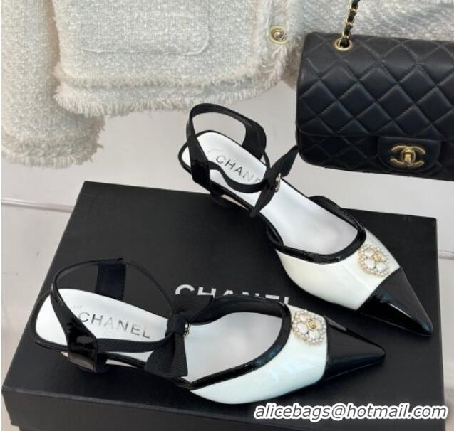 Good Looking Chanel Calfskin Heel Sandals 3.5cm with Pearl Clover and Bow White 224050