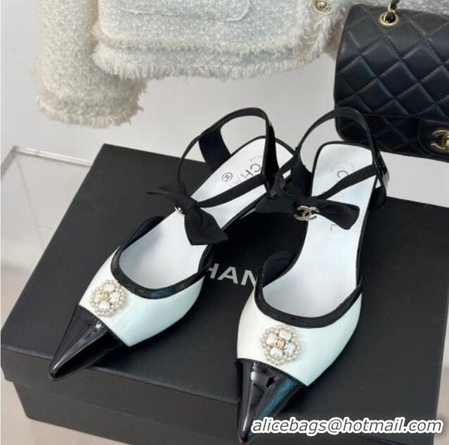 Good Looking Chanel Calfskin Heel Sandals 3.5cm with Pearl Clover and Bow White 224050