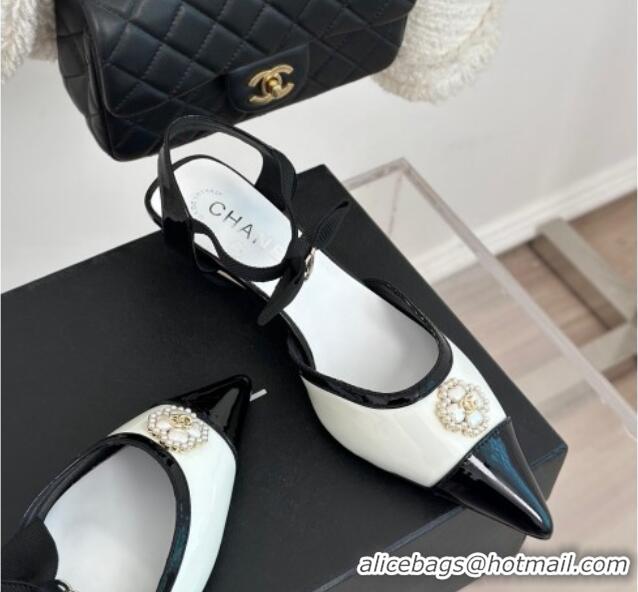 Good Looking Chanel Calfskin Heel Sandals 3.5cm with Pearl Clover and Bow White 224050