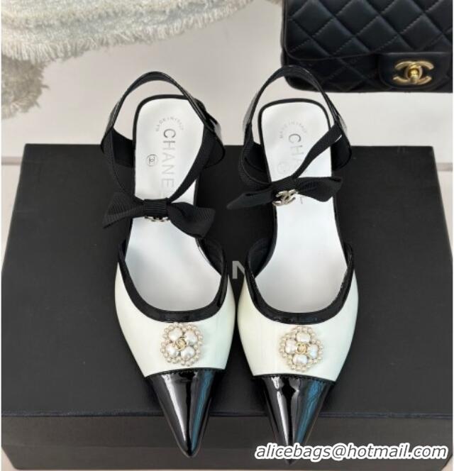 Good Looking Chanel Calfskin Heel Sandals 3.5cm with Pearl Clover and Bow White 224050