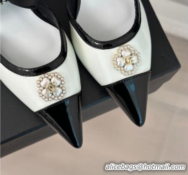 Good Looking Chanel Calfskin Heel Sandals 3.5cm with Pearl Clover and Bow White 224050