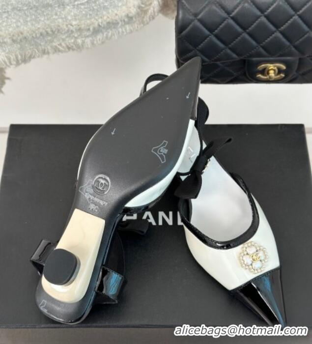 Good Looking Chanel Calfskin Heel Sandals 3.5cm with Pearl Clover and Bow White 224050