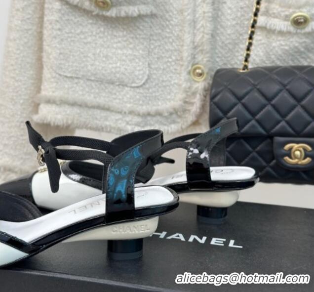 Good Looking Chanel Calfskin Heel Sandals 3.5cm with Pearl Clover and Bow White 224050