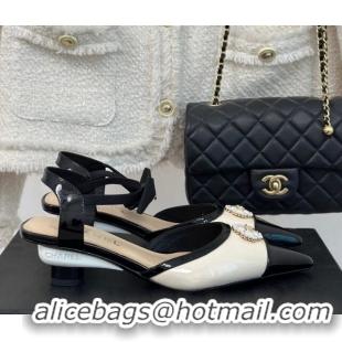 Pretty Style Chanel Calfskin Heel Sandals 3.5cm with Pearl Clover and Bow Light Beige 0224051