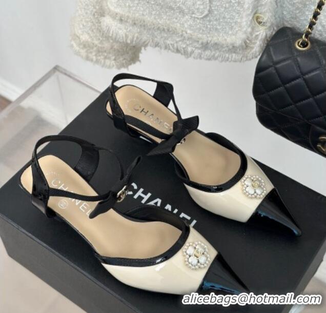 Pretty Style Chanel Calfskin Heel Sandals 3.5cm with Pearl Clover and Bow Light Beige 0224051