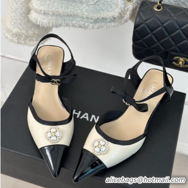 Pretty Style Chanel Calfskin Heel Sandals 3.5cm with Pearl Clover and Bow Light Beige 0224051