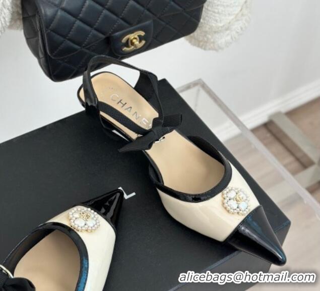 Pretty Style Chanel Calfskin Heel Sandals 3.5cm with Pearl Clover and Bow Light Beige 0224051