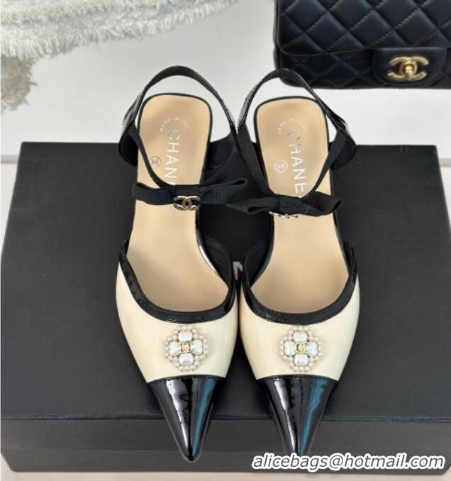 Pretty Style Chanel Calfskin Heel Sandals 3.5cm with Pearl Clover and Bow Light Beige 0224051