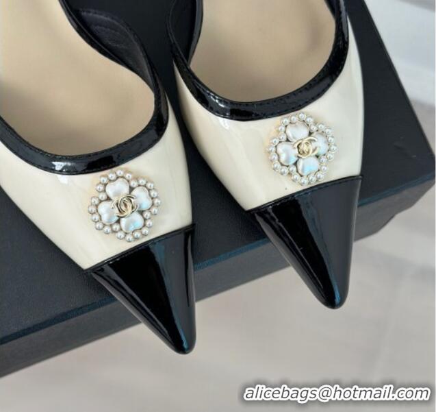 Pretty Style Chanel Calfskin Heel Sandals 3.5cm with Pearl Clover and Bow Light Beige 0224051