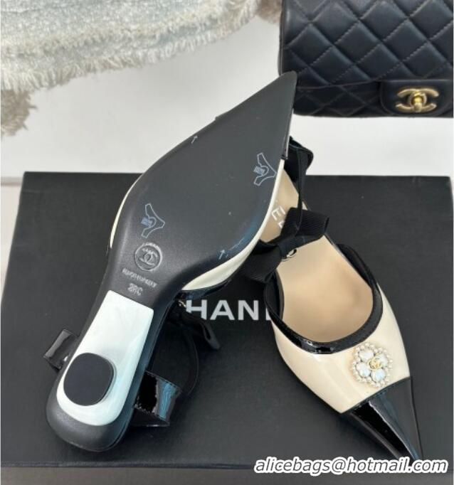 Pretty Style Chanel Calfskin Heel Sandals 3.5cm with Pearl Clover and Bow Light Beige 0224051