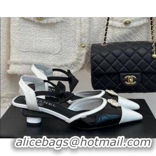 Grade Quality Chanel Calfskin Heel Sandals 3.5cm with Pearl Clover and Bow Black 224052