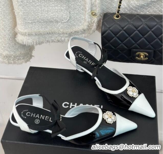 Grade Quality Chanel Calfskin Heel Sandals 3.5cm with Pearl Clover and Bow Black 224052