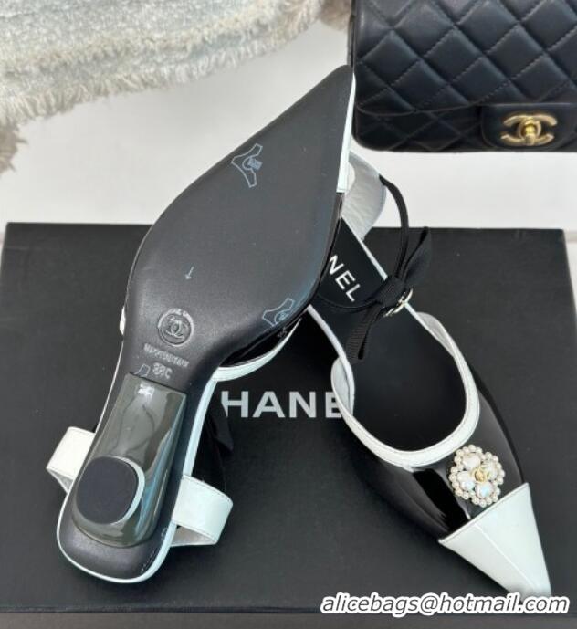 Grade Quality Chanel Calfskin Heel Sandals 3.5cm with Pearl Clover and Bow Black 224052